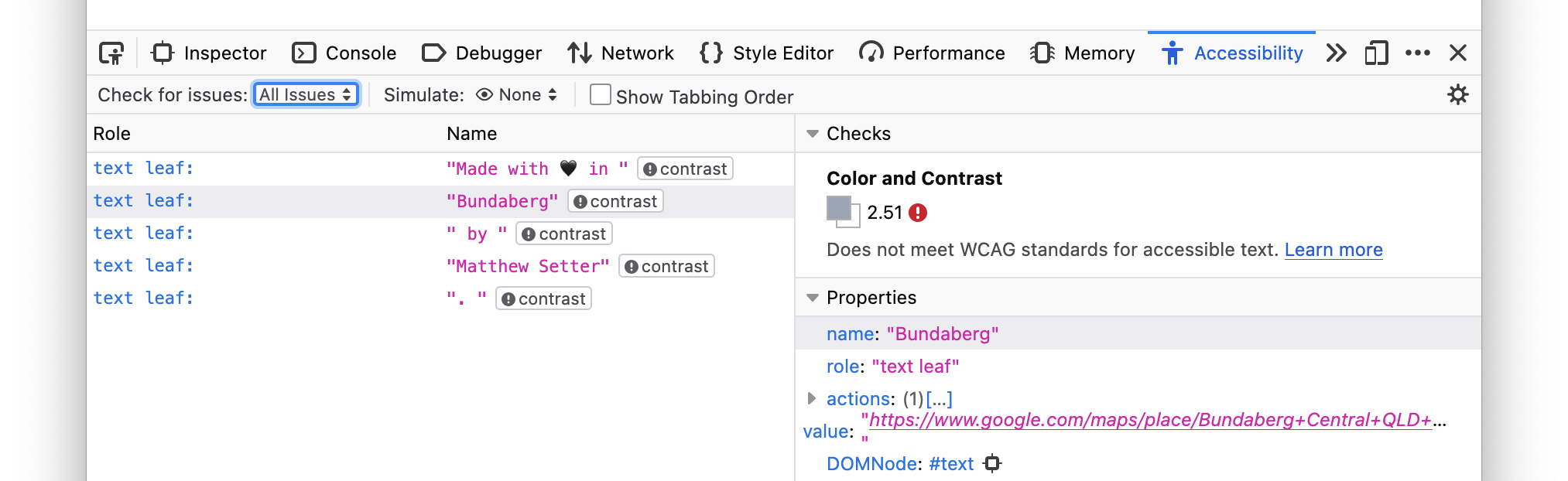 Firefox showing colour and contrast accessibility issues in its accessibility developer tools tab.