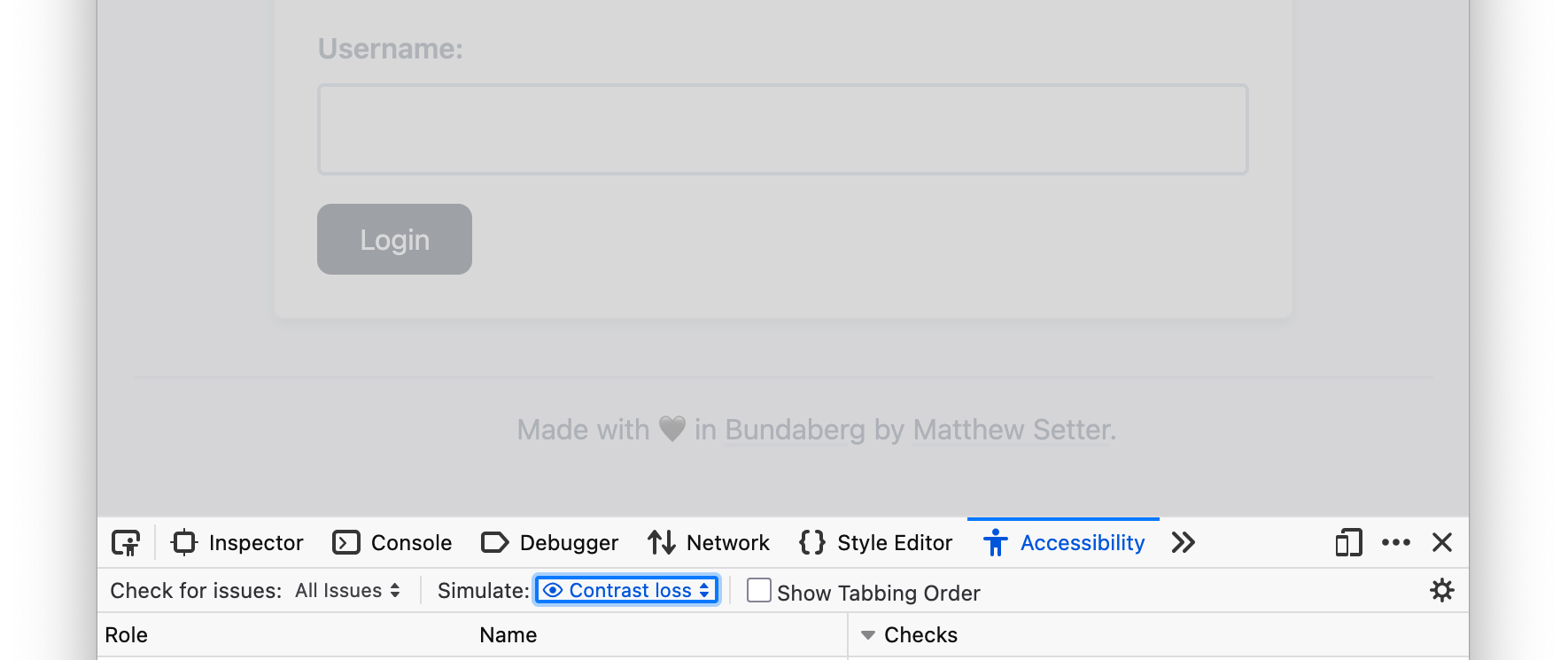 Firefox showing colour and contrast accessibility issues in its accessibility developer tools tab.