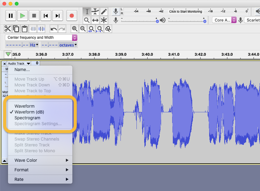 Viewing a track using Audacity’s Waveform (dB) view