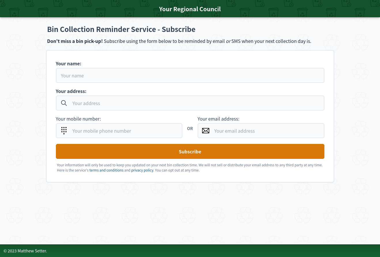 The bin collection reminder service subscribe form