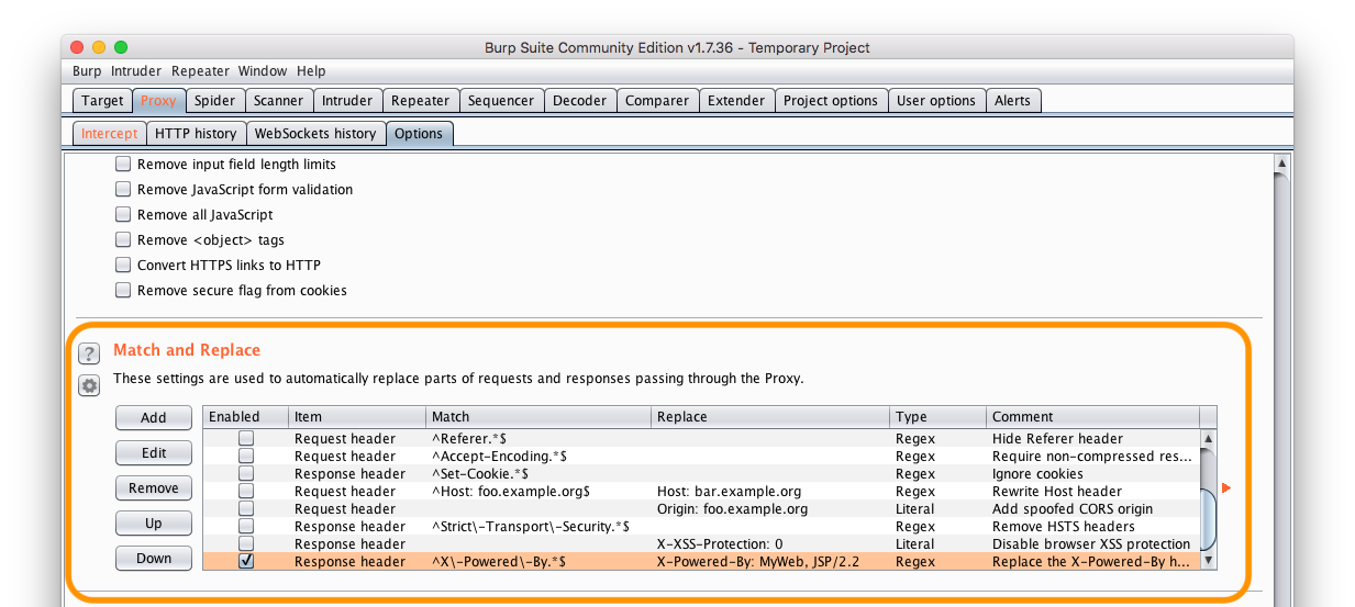 Burp Suite&rsquo;s Match and Replace Rule Configuration window