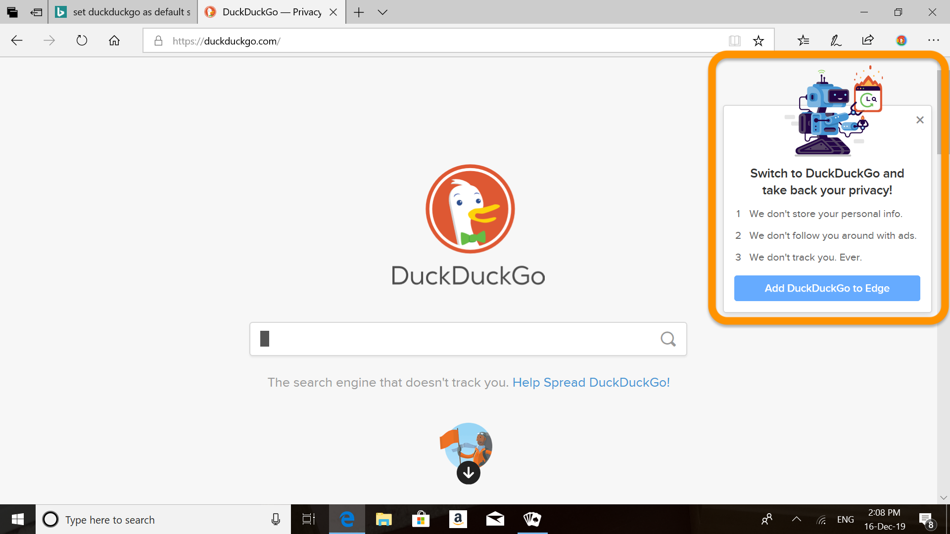 Add DuckDuckGo to Microsoft Edge, step one