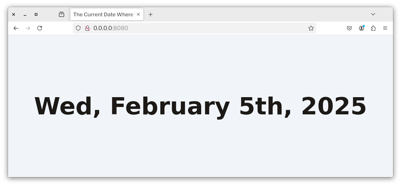 A screenshot of the running application in Firefox. It shows the current date in the middle of the browser window.