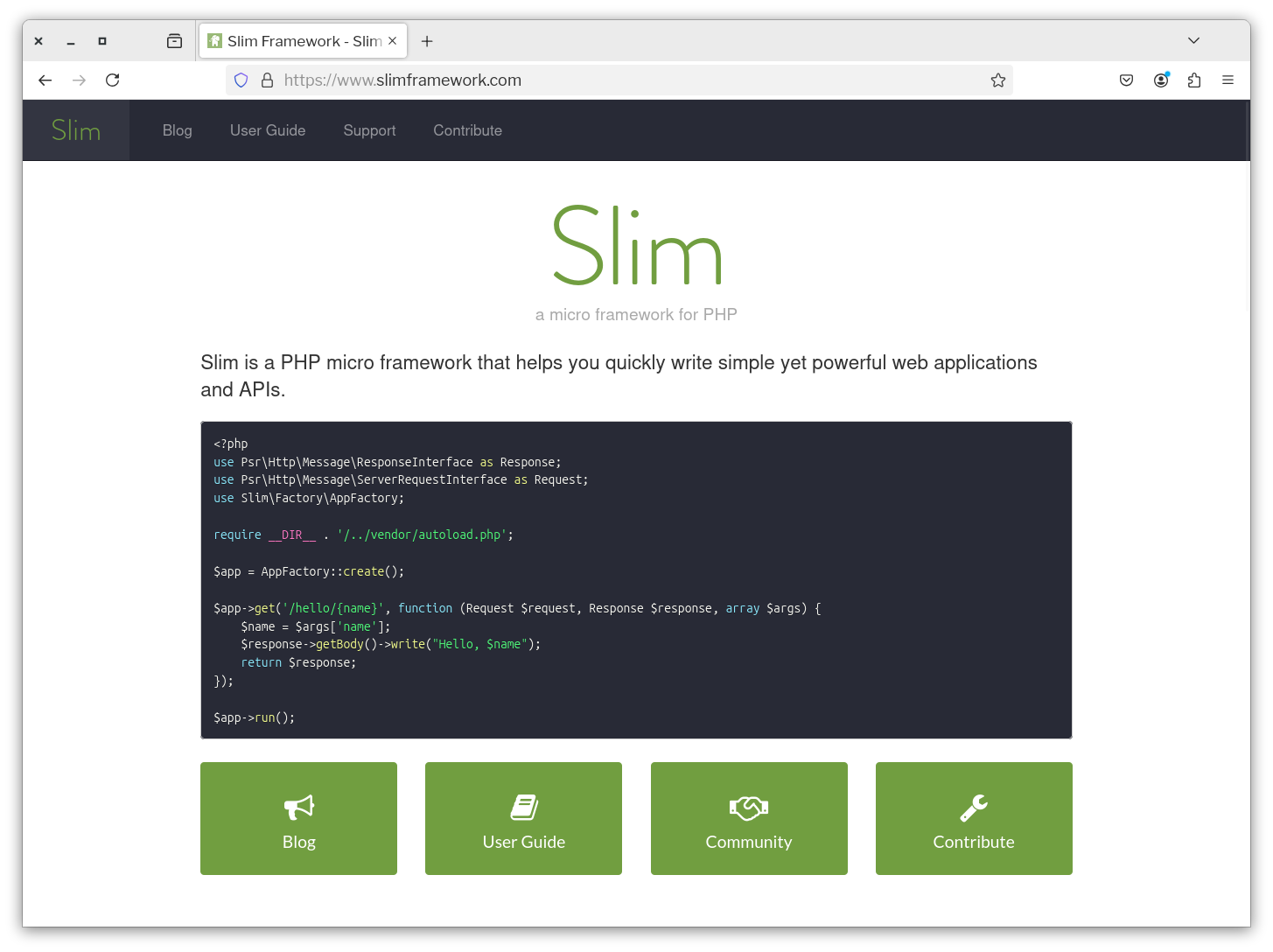 A screenshot of the Slim Framework website