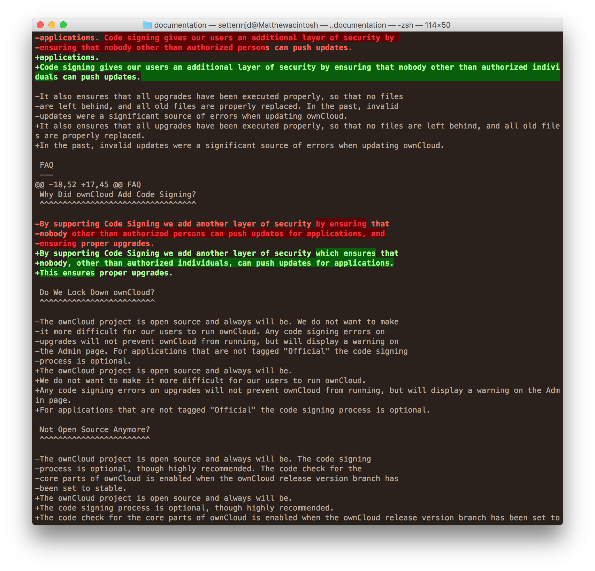 Git&rsquo;s diff output, using diff-highlight as the pager