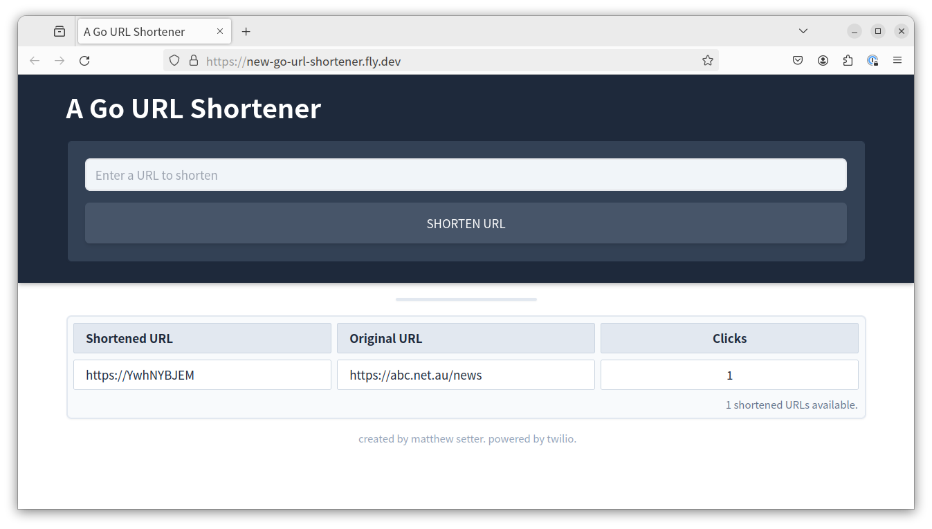 Screenshot of the URL shortener app/website