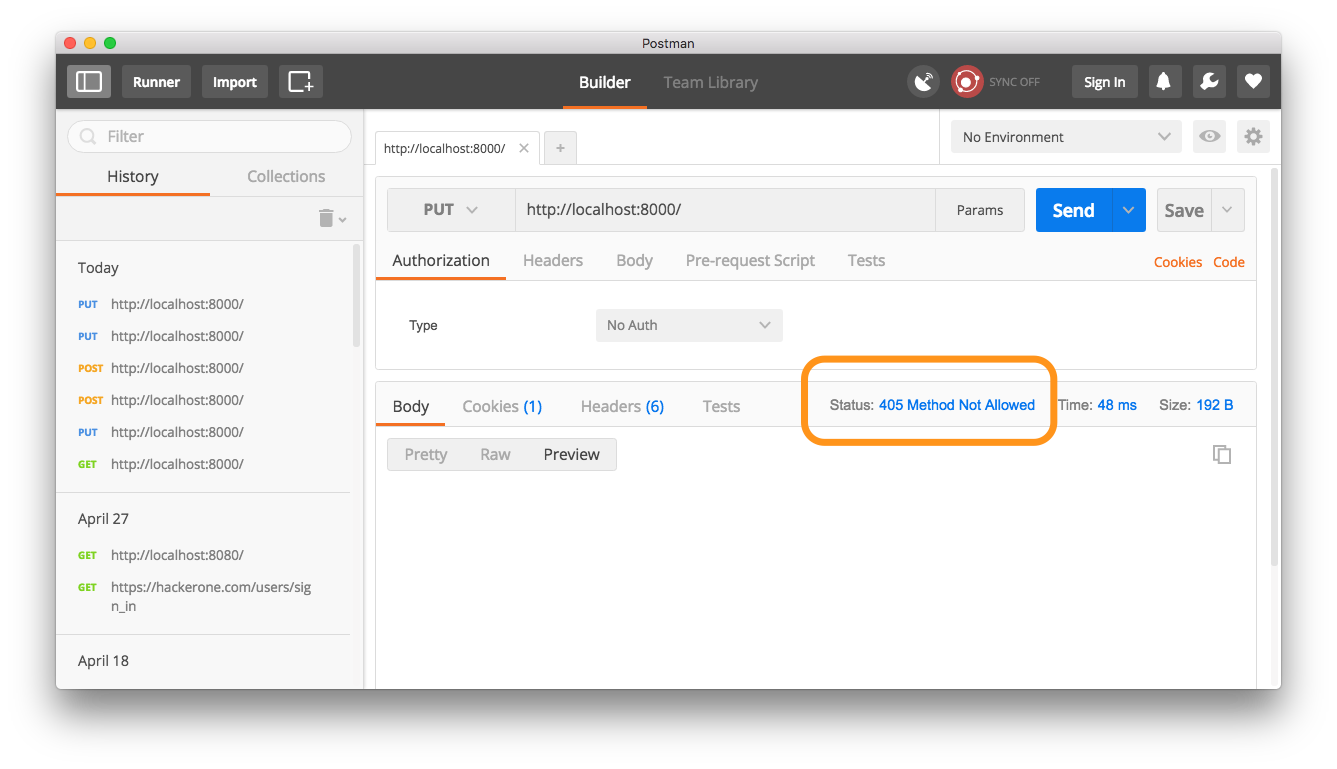 Requesting a route using a method that’s not allowed, handled by MethodNotAllowedMiddleware, using Postman.