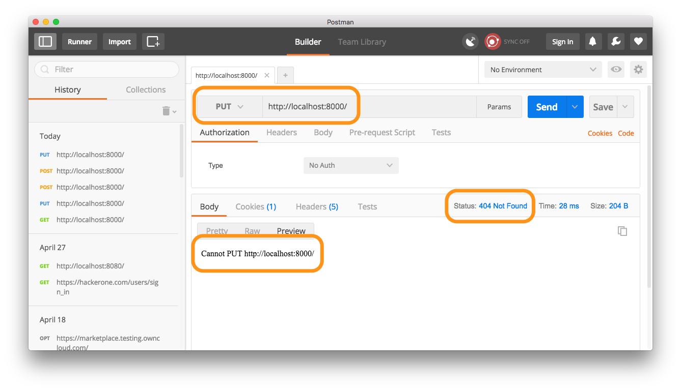 Requesting a route using a method that’s not allowed, using Postman.