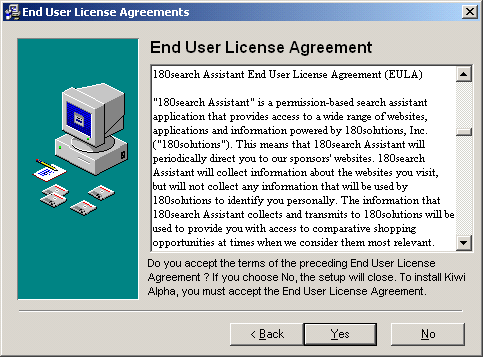 A standard software license agreement window