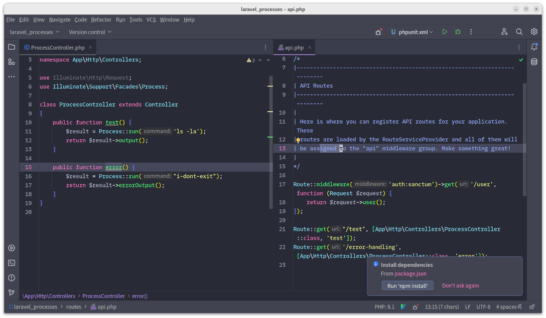 PhpStorm with split windows