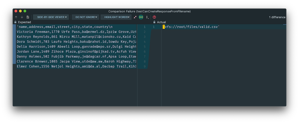 The tests difference window in PhpStorm