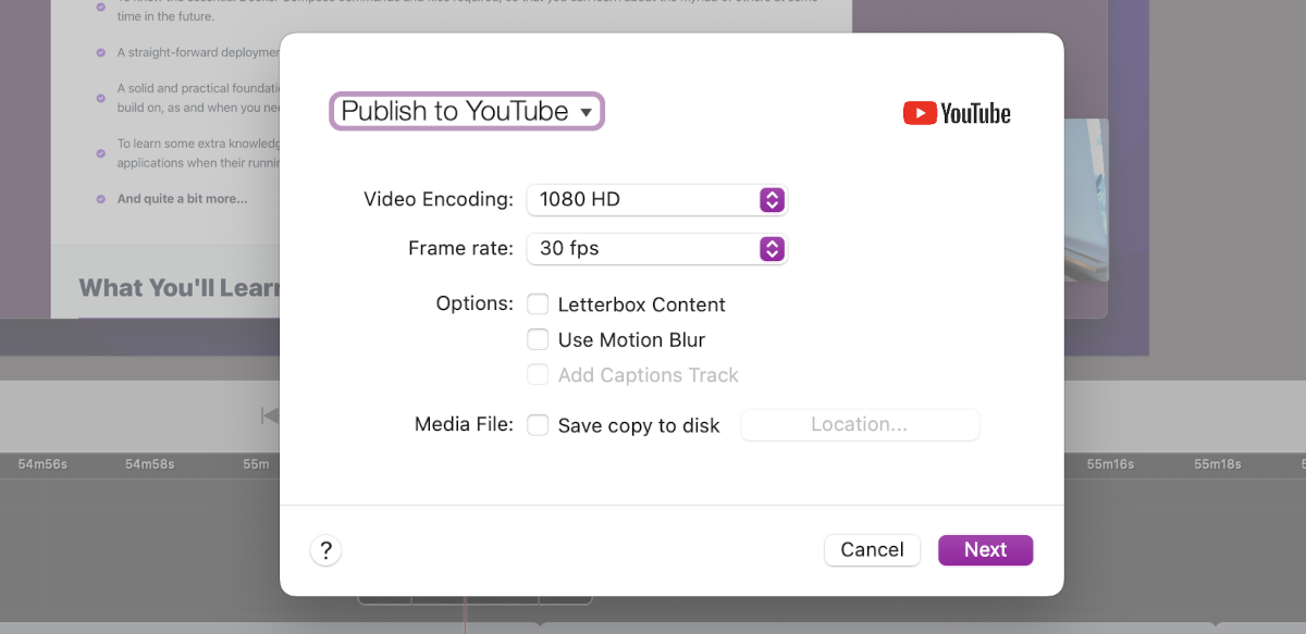 Publishing to YouTube in Screenflow step one