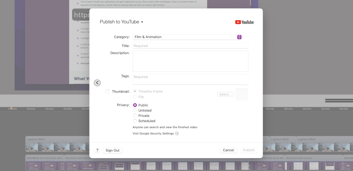 Publishing to YouTube in Screenflow step two