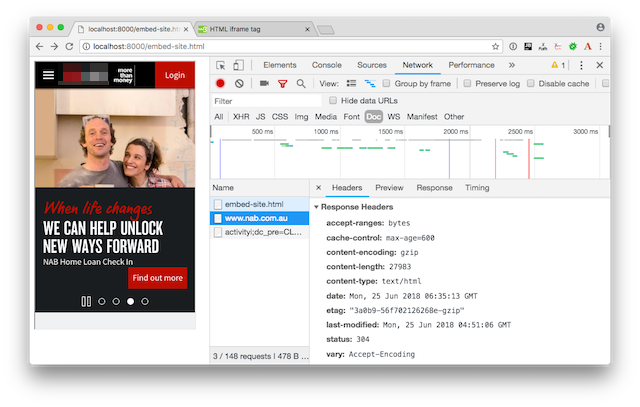 “Can embed NAB.com.au in an iframe, because it doesn’t send the X-FRAME-OPTIONS header.”