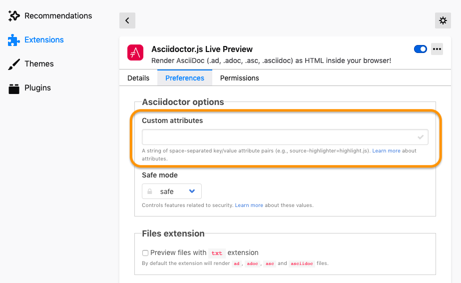 Asciidoctor.js Live Preview extension preferences panel