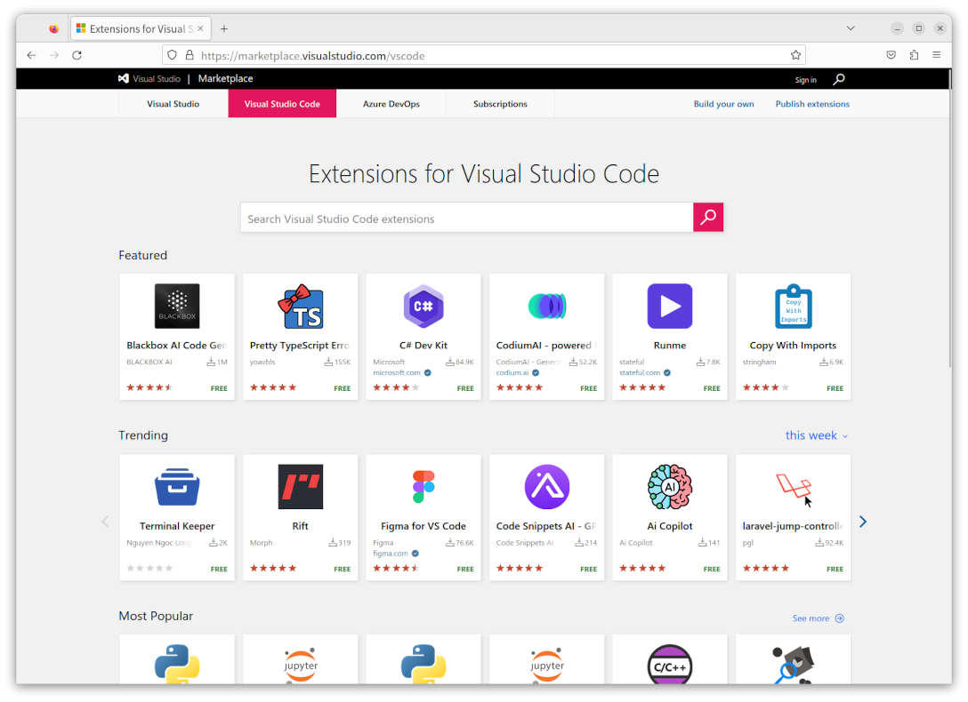 The Visual Studio Code Marketplace website