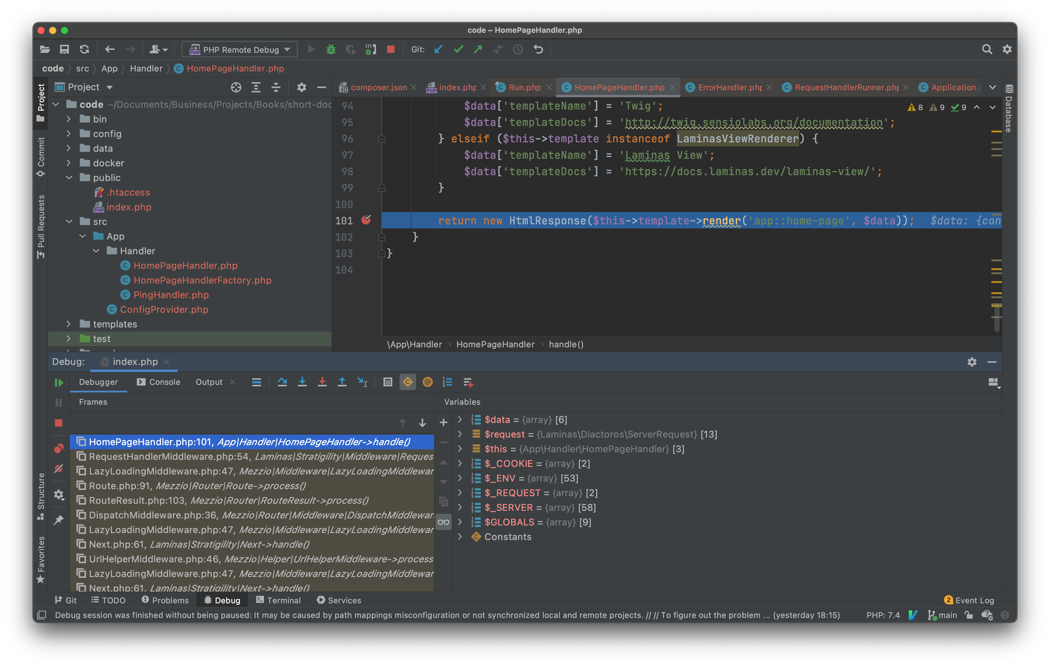 Stopping on a breakpoint in Step Debugging in PhpStorm (ver 2021.1 EAP).