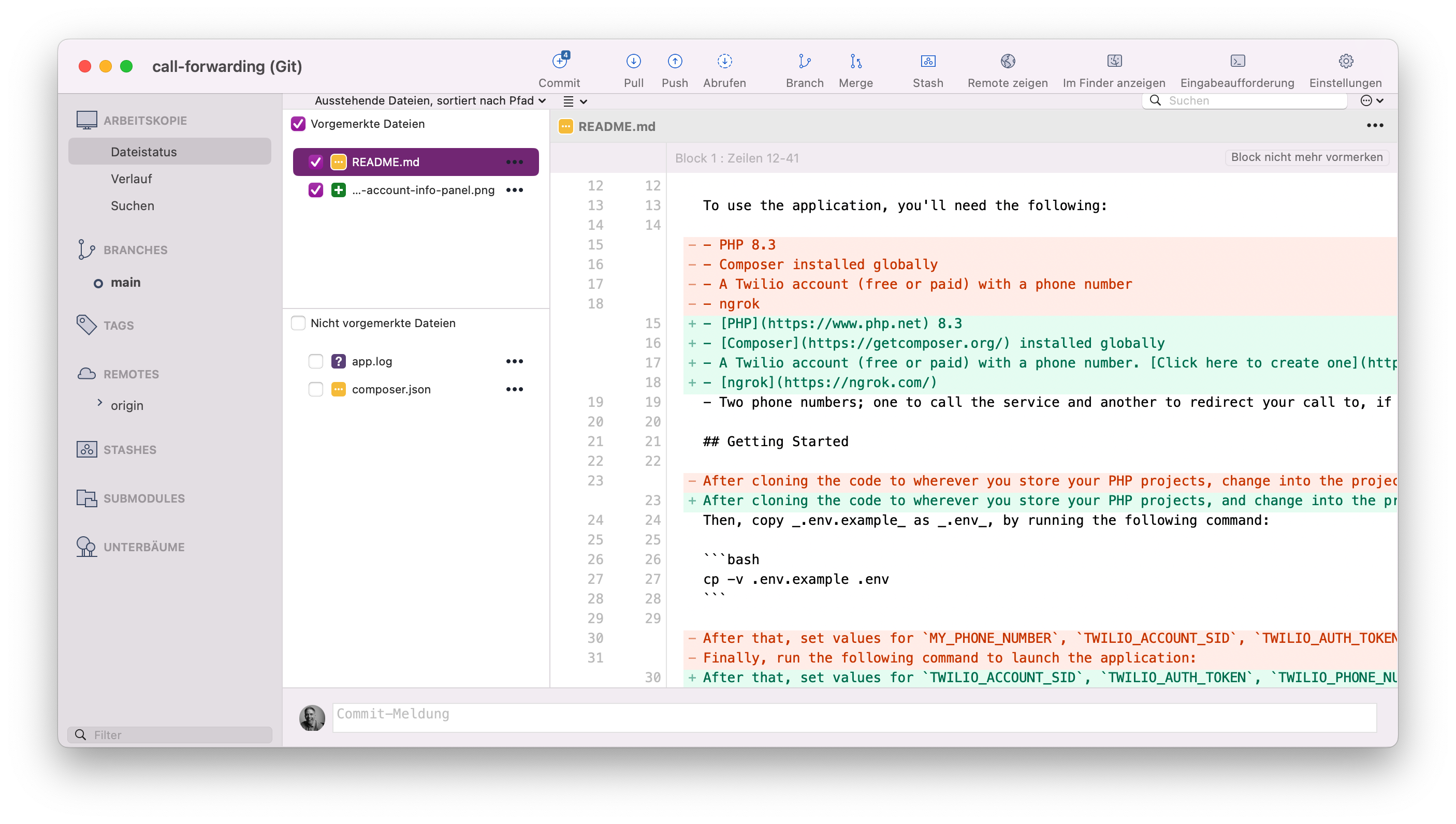 The main SourceTree window showing two staged files, two unstaged files, and a diff of a file named README.md
