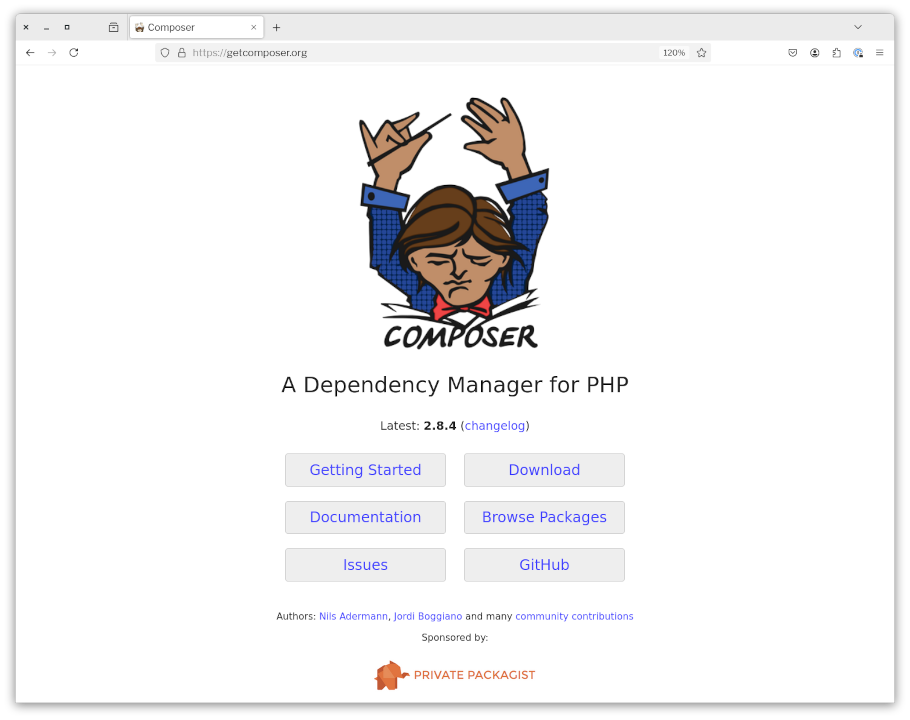 The Composer home page (PHP’s package manager) viewed in Firefox