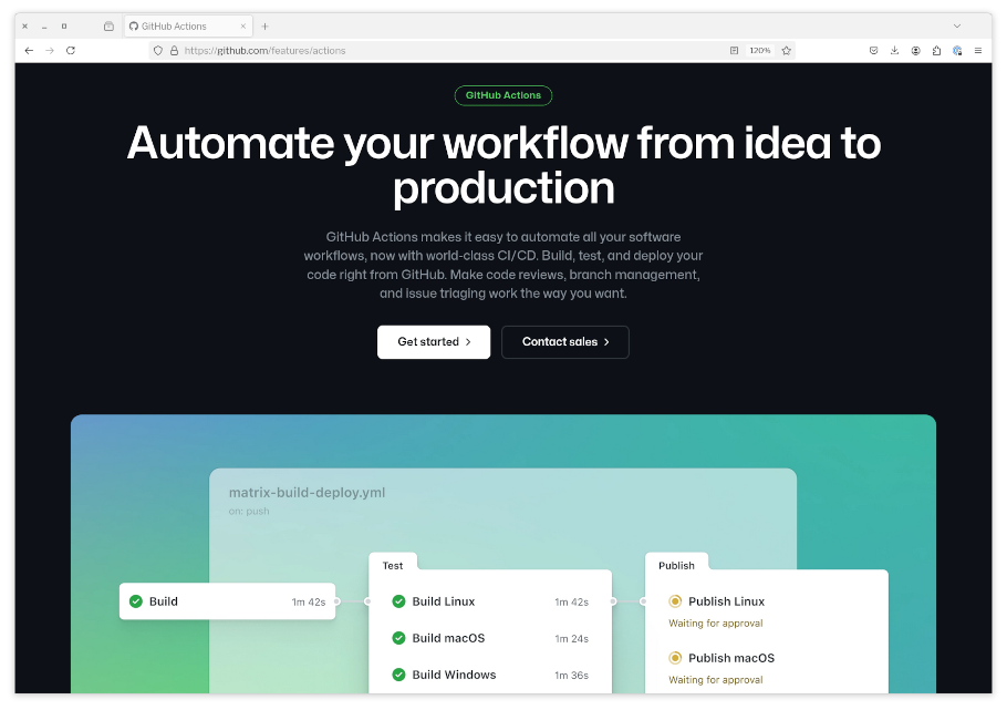 GitHub Actions product page in Firefox