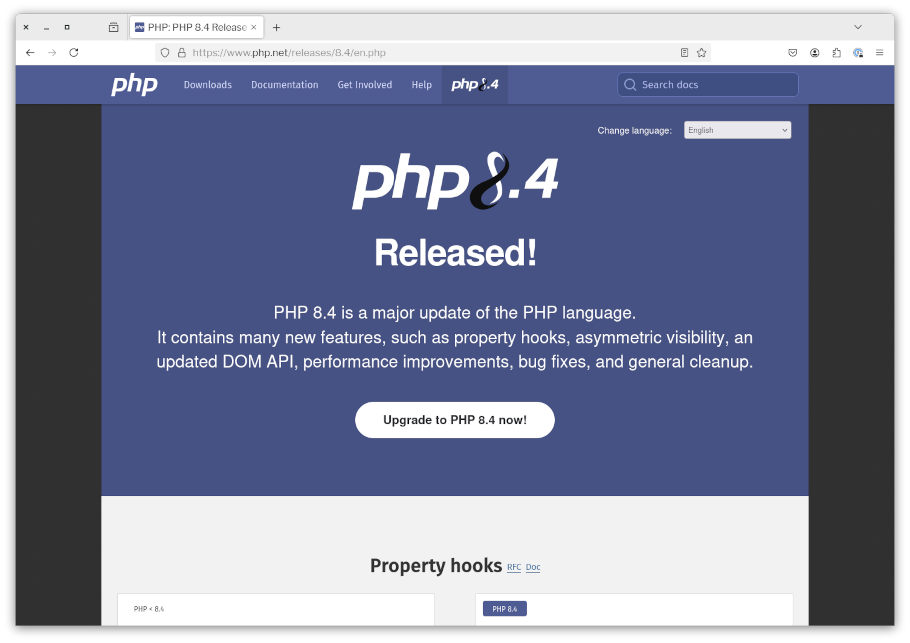 The release details for PHP 8.4 in the PHP documentation viewed in Firefox