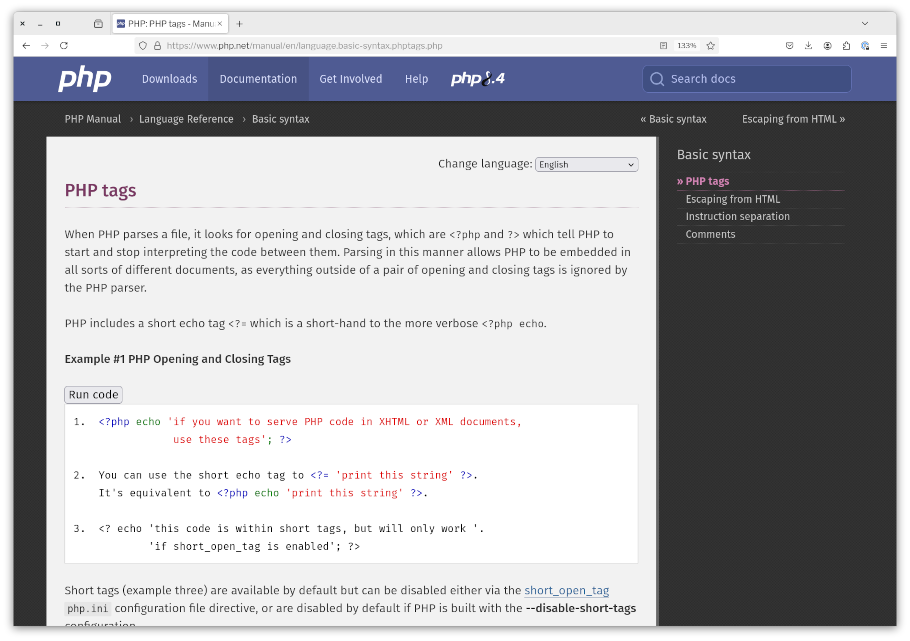 The “PHP Tags” section of the PHP documentation in Firefox