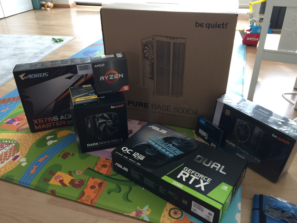 The unboxed components of my new video editing PC